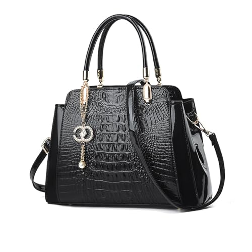 NICOLE & DORIS Elegante Handtaschen Damen Schultertaschen Kroko Henkeltasche Lackleder Frauen Umhängetasche Mittelgroß Tote Handtasche mit Anhänger Schwarz von NICOLE & DORIS