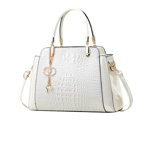 NICOLE & DORIS Elegante Handtaschen Damen Schultertaschen Kroko Henkeltasche Lackleder Frauen Umhängetasche Mittelgroß Tote Handtasche mit Anhänger Weiß von NICOLE & DORIS