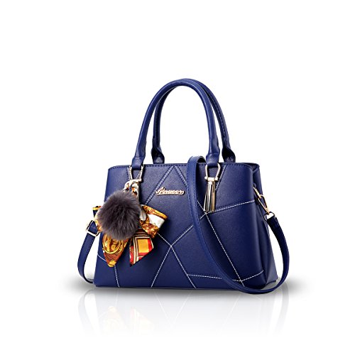 NICOLE & DORIS Handtasche Damen Schultertasche Mittelgroß Umhängetasche PU Leder Shopper Tasche Einfach Henkeltasche mit Anhänger Navy blau von NICOLE & DORIS