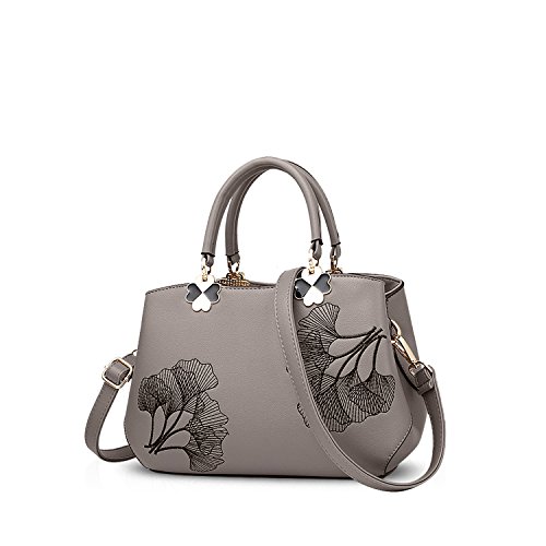 NICOLE&DORIS Frauen Blumen Top Handle Handtaschen Umhängetasche Crossbody Tasche Tote Damen Satchel PU Leder Blatt Grau von NICOLE & DORIS