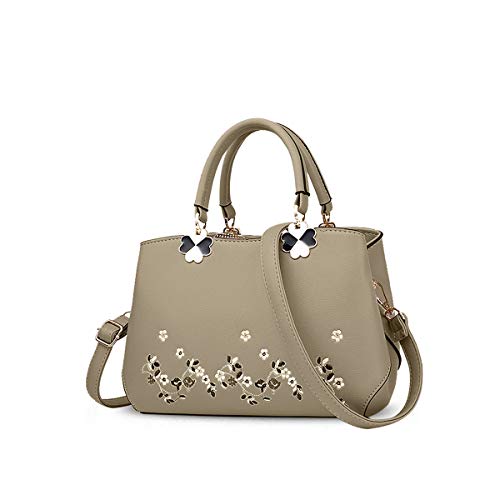 NICOLE&DORIS Frauen Blumen Top Handle Handtaschen Umhängetasche Crossbody Tasche Tote Damen Satchel PU Leder Blume Khaki von NICOLE & DORIS