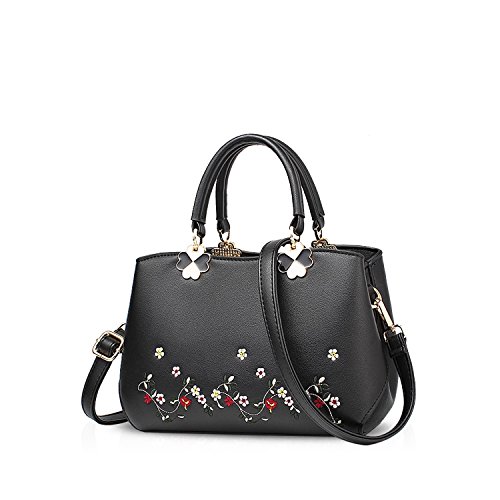 NICOLE&DORIS Frauen Blumen Top Handle Handtaschen Umhängetasche Crossbody Tasche Tote Damen Satchel PU Leder Blume Schwarz von NICOLE & DORIS