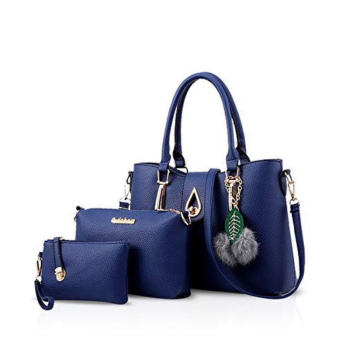 NICOLE & DORIS Groß Tasche Damen Handtasche 3-Teiliges Set Totes Shopper Schultertasche Elegante Frauen Tasche mit Pompons Crossbody Weich Ledertasche PU Blau von NICOLE & DORIS