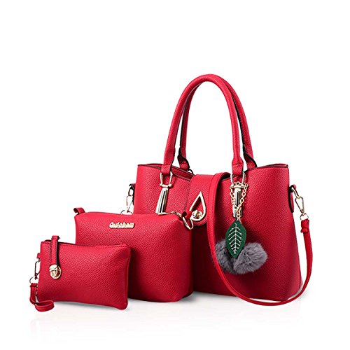 NICOLE & DORIS Groß Tasche Damen Handtasche 3-Teiliges Set Totes Shopper Schultertasche Elegante Frauen Tasche mit Pompons Crossbody Weich Ledertasche PU Rotwein von NICOLE & DORIS