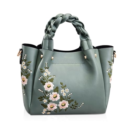 NICOLE & DORIS Elegant Handtasche Damen Shopper Tote PU-Leder Henkeltasche Frauen Schultertasche Bestickte Umhängetasche für Arbeit Schule Shoppin Grün von NICOLE & DORIS