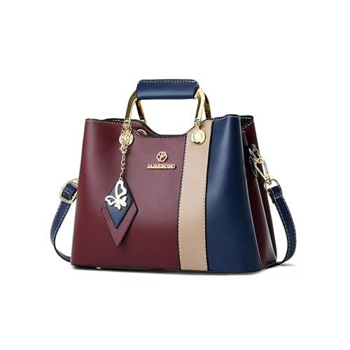 NICOLE & DORIS Handtasche Damen Designer Umhängetasche Kleine Schultertaschen PU Leder Henkeltasche Mehrfarbige Crossbody Bag Mädchen Kuriertaschen mit Anhänger Rot mit Blau von NICOLE & DORIS