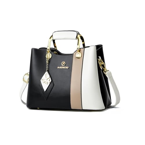 NICOLE & DORIS Handtasche Damen Designer Umhängetasche Kleine Schultertaschen PU Leder Henkeltasche Mehrfarbige Crossbody Bag Mädchen Kuriertaschen mit Anhänger Schwarz mit Weiß von NICOLE & DORIS