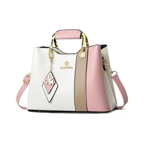 NICOLE & DORIS Handtasche Damen Designer Umhängetasche Kleine Schultertaschen PU Leder Henkeltasche Mehrfarbige Crossbody Bag Mädchen Kuriertaschen mit Anhänger Weiß mit Rosa von NICOLE & DORIS
