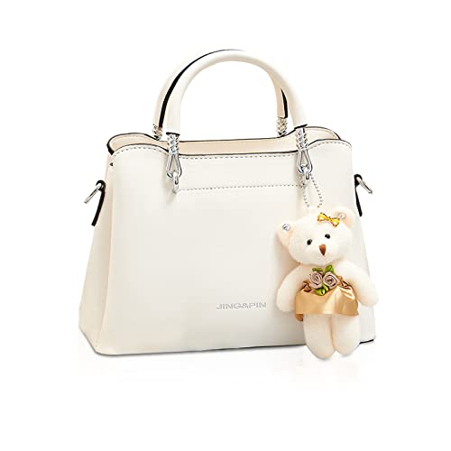 NICOLE & DORIS Handtasche Damen Klein Frauen Umhängetasche Satchel Handtasche Mode Schultertaschen PU Leder Mädchen Kuriertaschen Crossbody Bag Mini Henkeltasche mit Bär Anhänger Beige von NICOLE & DORIS