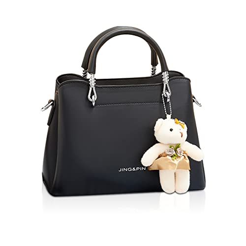 NICOLE & DORIS Handtasche Damen Klein Frauen Umhängetasche Satchel Handtasche Mode Schultertaschen PU Leder Mädchen Kuriertaschen Crossbody Bag Mini Henkeltasche mit Bär Anhänger Schwarz von NICOLE & DORIS