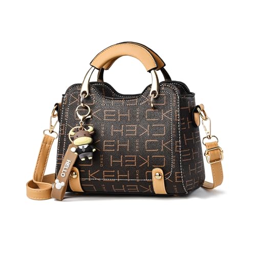 NICOLE & DORIS Handtasche Damen Klein Schultertaschen Mode Umhängetasche PU Leder Top Griff Tasche Mini Henkeltasche Mädchen Crossbody Bag mit Anhänger Gelb mit Buchstaben von NICOLE & DORIS