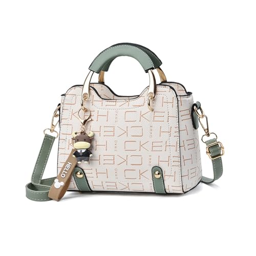 NICOLE & DORIS Handtasche Damen Klein Schultertaschen Mode Umhängetasche PU Leder Top Griff Tasche Mini Henkeltasche Mädchen Crossbody Bag mit Anhänger Grün mit Buchstaben von NICOLE & DORIS