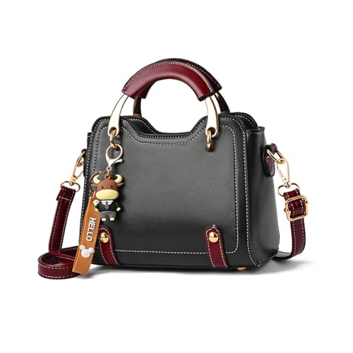 NICOLE & DORIS Handtasche Damen Klein Schultertaschen Mode Umhängetasche PU Leder Top Griff Tasche Mini Henkeltasche Mädchen Crossbody Bag mit Anhänger Schwarz von NICOLE & DORIS