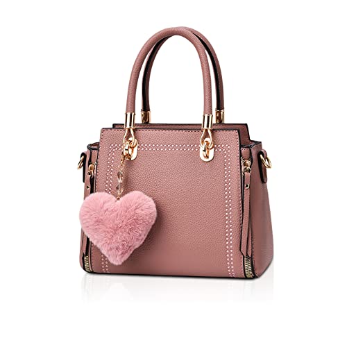 NICOLE & DORIS Handtasche Damen Klein Umhängetasche Mini Tasche Henkeltasche PU Leder Schultertaschen Crossbody Bag Satchel Handtasche mit Liebe Herz Pompons Rosa von NICOLE & DORIS