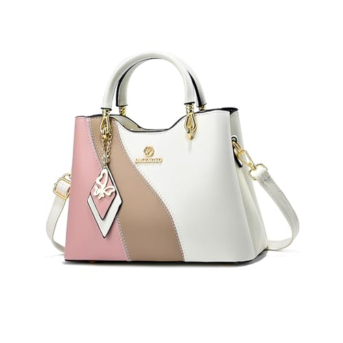 NICOLE & DORIS Handtasche Damen Klein Umhängetasche mit Griff Henkeltasche Mehrfarbige Süß Schultertaschen PU Leder Mädchen Crossbody Bag Kuriertaschen Beige mit Rosa von NICOLE & DORIS