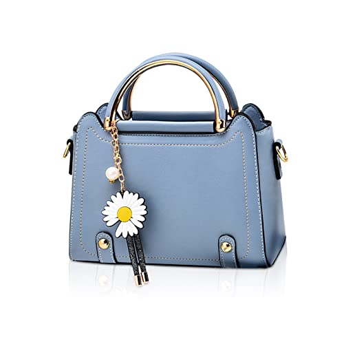 NICOLE & DORIS Handtasche Damen Umhängetasche Klein Schultertaschen PU Leder Satchel Handtasche Mädchen Messenger Crossbody Bag Niedliche Henkeltasche mit Blumen Anhänger Blau von NICOLE & DORIS