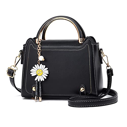 NICOLE & DORIS Handtasche Damen Umhängetasche Klein Schultertaschen PU Leder Satchel Handtasche Mädchen Messenger Crossbody Bag Niedliche Henkeltasche mit Blumen Anhänger Schwarz von NICOLE & DORIS