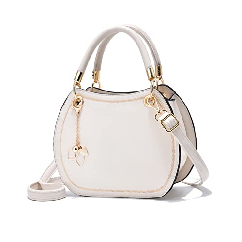 NICOLE & DORIS Handtasche Rund Klein Umhängetasche Damen Satchel Handtasche Mädchen Schultertasche PU Leder Kleiner Tasche mit Griff Niedlich Henkeltasche Crossbody Bag mit Anhänger Weiß von NICOLE & DORIS