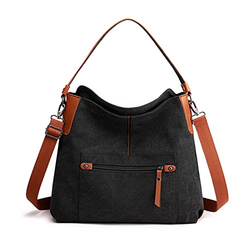 NICOLE & DORIS Handtasche Umhängetasche Groß Damen Shopper Schultertasche Henkeltasche Hobo Reisetasche Multi Pocket Tasche aus Segeltuch für Alltag, Büro, Schule,Alltag Schwarz von NICOLE & DORIS