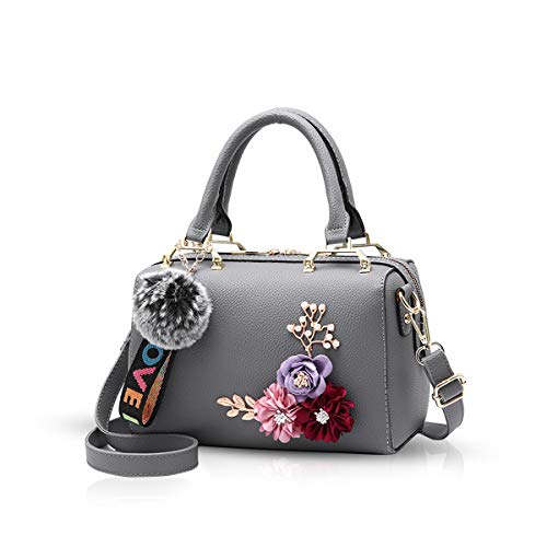 NICOLE & DORIS Damen Handtaschen Klein Umhängetasche Blumen Henkeltasche Floral Handtaschen Schultertasche mit Pompom Anhänger Crossbody Bag Designer Tasche Grau von NICOLE & DORIS