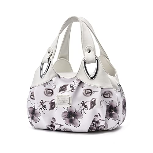 NICOLE & DORIS Handtaschen Damen Designer Tasche Elegante Groß Handtasche Modern Shopper Tote Bag Damentasche mit Blumenmuster Weißer Griff/graue Blume von NICOLE & DORIS