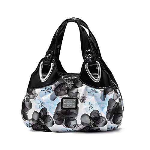 NICOLE & DORIS Handtaschen Damen Designer Tasche Elegante Groß Handtasche Modern Shopper Tote Bag Damentasche mit Blumenmuster Weißer Griff/lila Blume Schwarzer Griff/Blaue Blume von NICOLE & DORIS