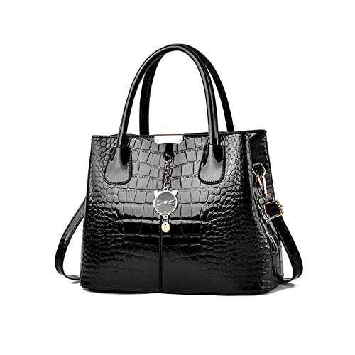 NICOLE & DORIS Handtaschen Damen Elegant Lackleder Handtasche Krokoprägung Henkeltasche Arbeits Taschen Damen Shopper Umhängetaschen Tote Bag mit Anhänger Schwarz von NICOLE & DORIS