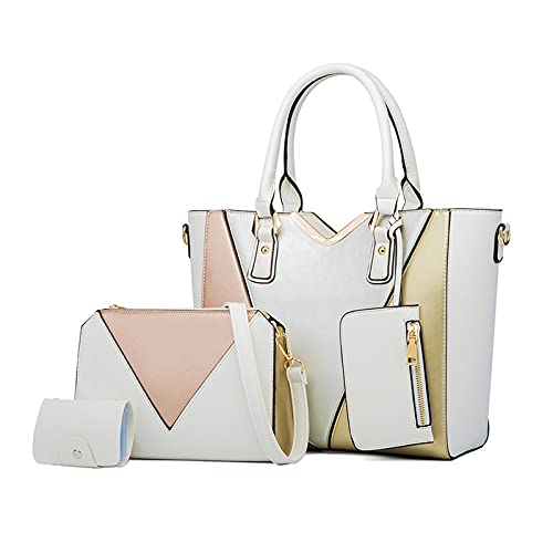 NICOLE & DORIS Handtaschen Damen Groß Frauen Tasche Elegante Schultertaschen V-förmiger Farbblock Tote Bag 4-teiliges Set Weiß von NICOLE & DORIS