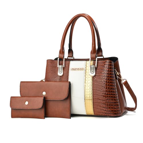NICOLE & DORIS Handtaschen Damen Mittelgroß Lackleder Schultertasche 3er Handtasche Set mit Geldbörse Umhängetasche mit Vielen Fächern Tote Bag für Büro Reise Einkauf Braun von NICOLE & DORIS