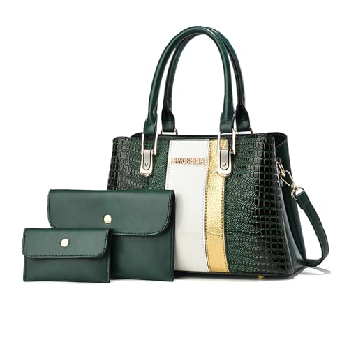 NICOLE & DORIS Handtaschen Damen Mittelgroß Lackleder Schultertasche 3er Handtasche Set mit Geldbörse Umhängetasche mit Vielen Fächern Tote Bag für Büro Reise Einkauf Grün von NICOLE & DORIS