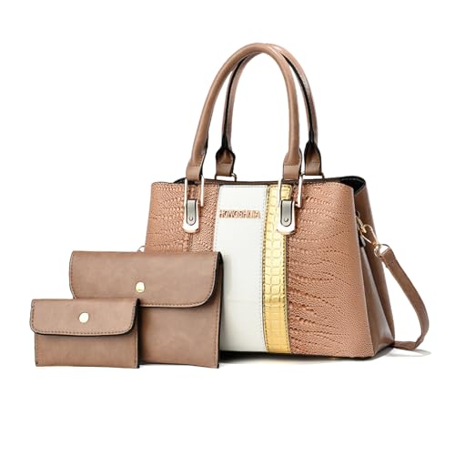 NICOLE & DORIS Handtaschen Damen Mittelgroß Lackleder Schultertasche 3er Handtasche Set mit Geldbörse Umhängetasche mit Vielen Fächern Tote Bag für Büro Reise Einkauf Khaki von NICOLE & DORIS
