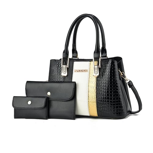 NICOLE & DORIS Handtaschen Damen Mittelgroß Lackleder Schultertasche 3er Handtasche Set mit Geldbörse Umhängetasche mit Vielen Fächern Tote Bag für Büro Reise Einkauf Schwarz von NICOLE & DORIS