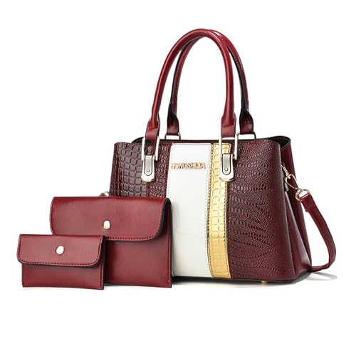 NICOLE & DORIS Handtaschen Damen Mittelgroß Lackleder Schultertasche 3er Handtasche Set mit Geldbörse Umhängetasche mit Vielen Fächern Tote Bag für Büro Reise Einkauf Weinrot von NICOLE & DORIS
