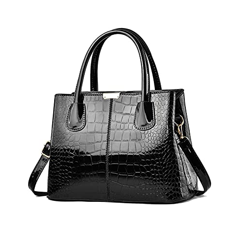 NICOLE & DORIS Handtaschen Damen Mode Krokoprägung Henkeltasche Lackleder Handtasche Shopper Umhängetaschen Damentasche mit Reißverschluss Schwarz von NICOLE & DORIS