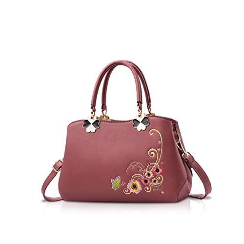 NICOLE&DORIS Handtaschen Damen Mode Schultertasche Geldbörse Retro Umhängetasche Frau Tote Stickerei Dunkelrosa Blume von NICOLE & DORIS