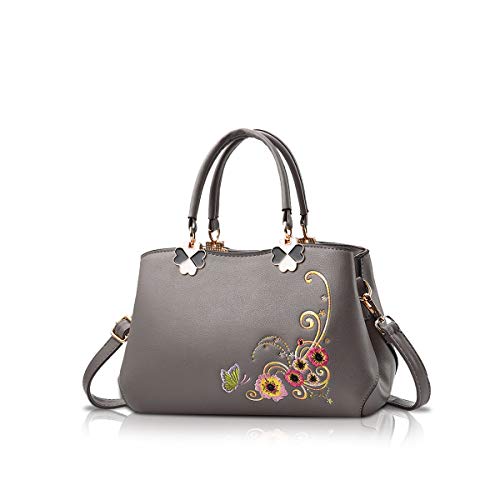 NICOLE&DORIS Handtaschen Damen Mode Schultertasche Geldbörse Retro Umhängetasche Frau Tote Stickerei Graue blume von NICOLE & DORIS