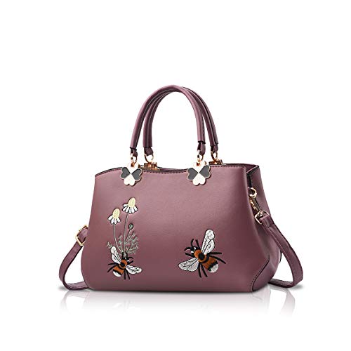 NICOLE&DORIS Handtaschen Damen Mode Schultertasche Geldbörse Retro Umhängetasche Frau Tote Stickerei Lila Biene 2 von NICOLE & DORIS