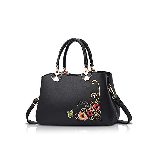 NICOLE&DORIS Handtaschen Damen Mode Schultertasche Geldbörse Retro Umhängetasche Frau Tote Stickerei Schwarze Blume von NICOLE & DORIS