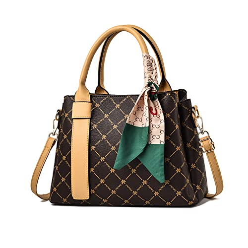 NICOLE & DORIS Handtaschen Damen Neue Schultertaschen PU Leder Henkeltasche Elegante Frauen Umhängetasche Mittelgross Bedruckte Tote Taschen mit Seidenschal Kaffee mit Gelb von NICOLE & DORIS