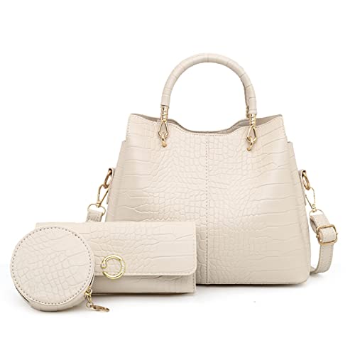 NICOLE & DORIS Handtaschen Damen Set Shopper Schultertasche Krokodil Handtasche Mittelgroß Frauen Umhängetasche PU Leder Büro Henkeltasche 3-Teiliges Tasche mit Geldbörse Beige von NICOLE & DORIS