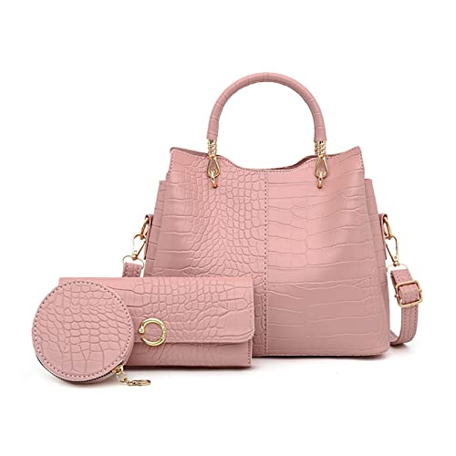 NICOLE & DORIS Handtaschen Damen Set Shopper Schultertasche Krokodil Handtasche Mittelgroß Frauen Umhängetasche PU Leder Büro Henkeltasche 3-Teiliges Tasche mit Geldbörse Rosa von NICOLE & DORIS
