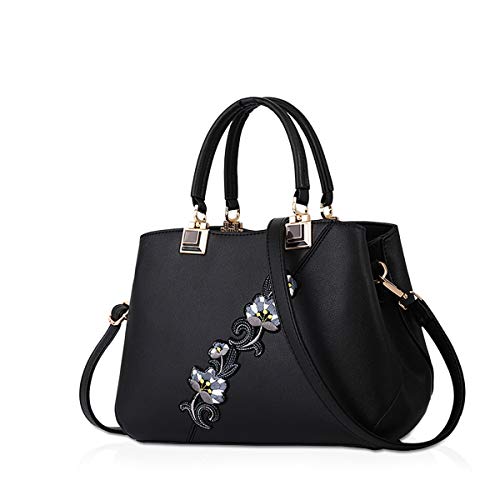 NICOLE & DORIS Handtaschen Damen modische Damenhandtaschen Taschen Damen Umhängetaschen mit Blumenmuster Spleiß Farbe Schwarz von NICOLE & DORIS