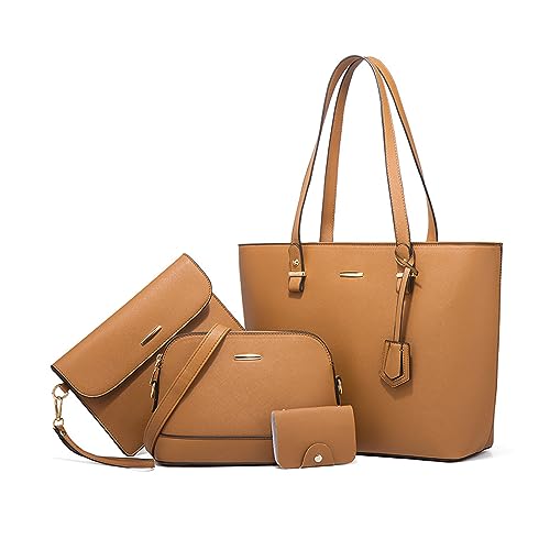 NICOLE & DORIS Handtaschen Groß Damen Shopper Schultertasche 4-teiliges Handtasche Set mit Geldbörse Umhängetasche PU Leder Tragetasche für Büro Reise Einkauf Braun von NICOLE & DORIS