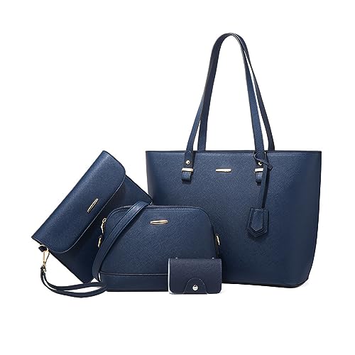 NICOLE & DORIS Handtaschen Groß Damen Shopper Schultertasche 4-teiliges Handtasche Set mit Geldbörse Umhängetasche PU Leder Tragetasche für Büro Reise Einkauf Dunkelblau von NICOLE & DORIS