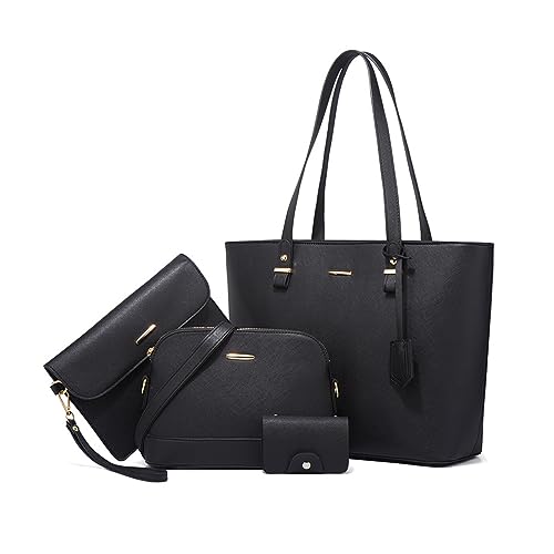 NICOLE & DORIS Handtaschen Groß Damen Shopper Schultertasche 4-teiliges Handtasche Set mit Geldbörse Umhängetasche PU Leder Tragetasche für Büro Reise Einkauf Schwarz von NICOLE & DORIS