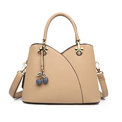 NICOLE & DORIS Handtaschen Klein Modern Handtasche Damen Schultertaschen PU Leder Umhängetasche Frauen Henkeltasche Tote Tasche Satchel Handtasche mit Kirschen Anhänger Khaki von NICOLE & DORIS