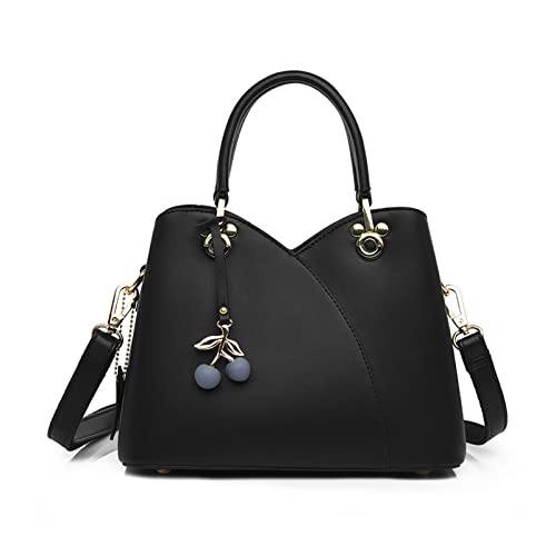 NICOLE & DORIS Handtaschen Klein Modern Handtasche Damen Schultertaschen PU Leder Umhängetasche Frauen Henkeltasche Tote Tasche Satchel Handtasche mit Kirschen Anhänger Schwarz von NICOLE & DORIS