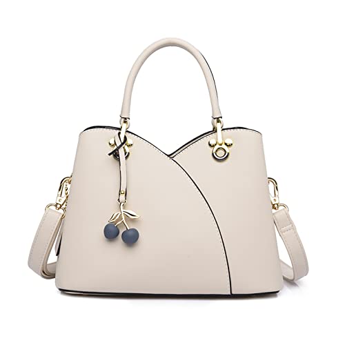 NICOLE & DORIS Handtaschen Klein Modern Handtasche Damen Schultertaschen PU Leder Umhängetasche Frauen Henkeltasche Tote Tasche Satchel Handtasche mit Kirschen Anhänger Weißgrau von NICOLE & DORIS