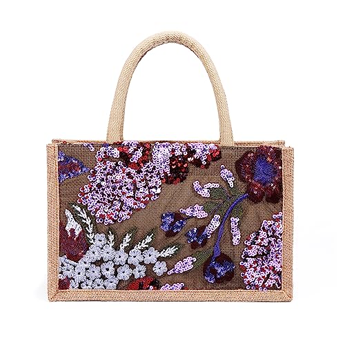 NICOLE & DORIS Jute Taschen Groß Shopper Tasche Damen Tote Leichte Einkaufstasche Faltbare Strandtasche Handtasche mit Stickerei Blume für Picknick Reisen Alltag Burgunderrot von NICOLE & DORIS
