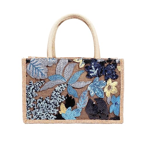 NICOLE & DORIS Jute Taschen Groß Shopper Tasche Damen Tote Leichte Einkaufstasche Faltbare Strandtasche Handtasche mit Stickerei Blume für Picknick Reisen Alltag Dunkelblau von NICOLE & DORIS